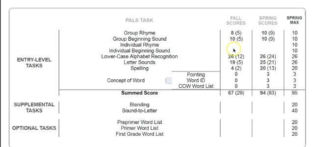 PALS score explanation - Kindergarten